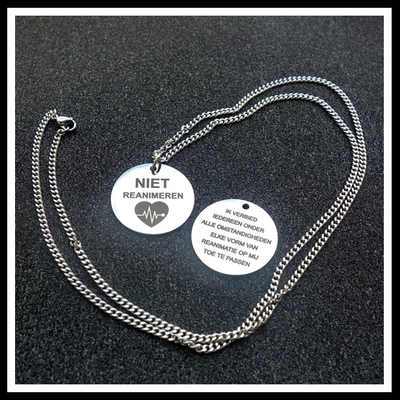 Niet reanimeren penning rond en ketting RVS zilver 70cm 
