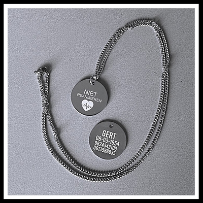 Niet reanimeren penning RVS 2-zijde gravure RVS ketting  