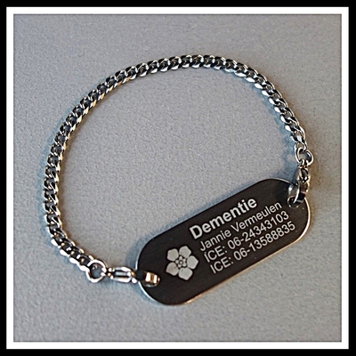 Armband Alzheimer/Dementie gegraveerd incl. rvs schakel armband