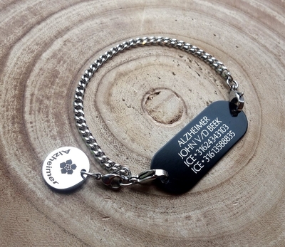 Alzheimer of dementie armband gegraveerd 1 of 2 zijde gravure 