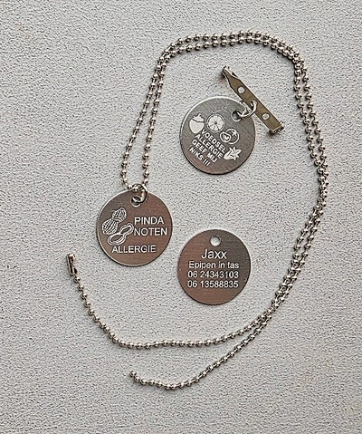 Medische ketting of speld ALUMINIUM allergie diverse keuze 2-zijde gravure 