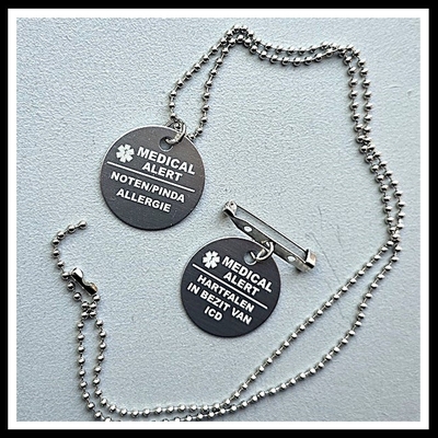 Medische ketting of speld medical alert ALUMINIUM 2-zijde gravure  
